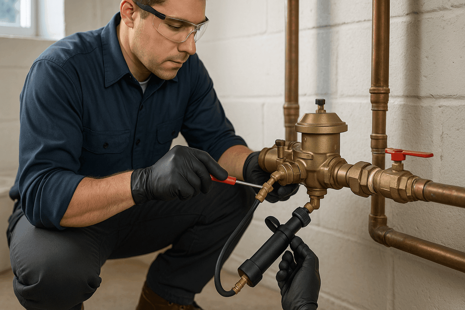 Technician inspecting backflow prevention device on residential water line