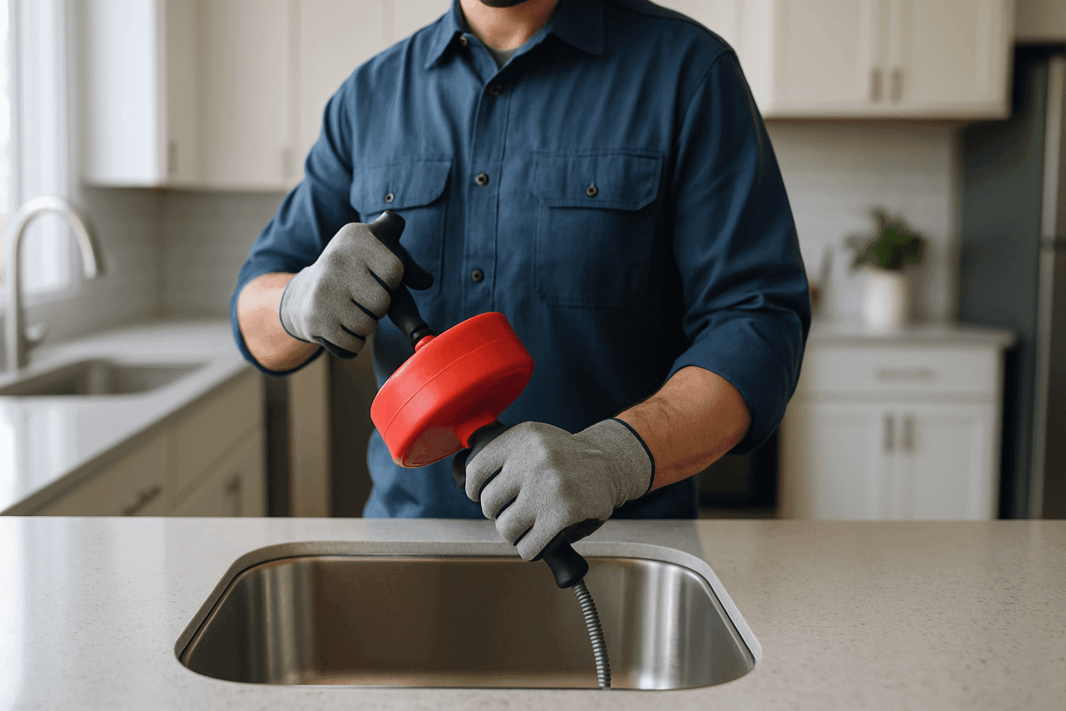 Plumber using drain snake to clear residential sink clog