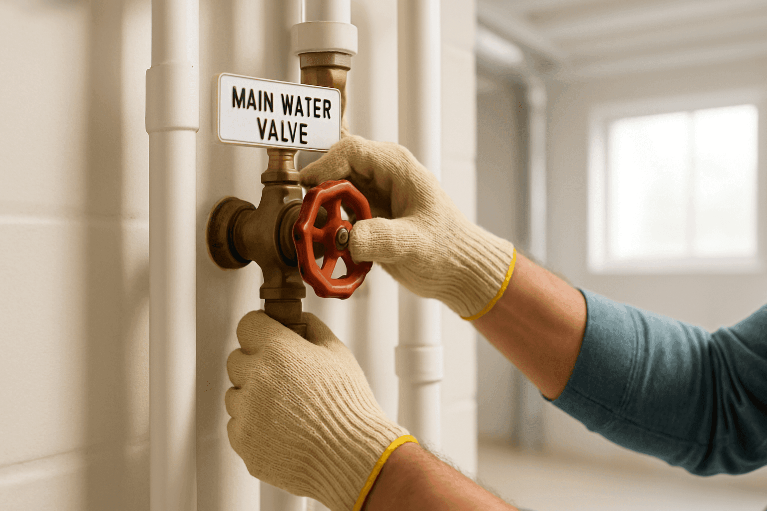 Propietario cerrando la válvula principal de agua durante una emergencia de plomería
