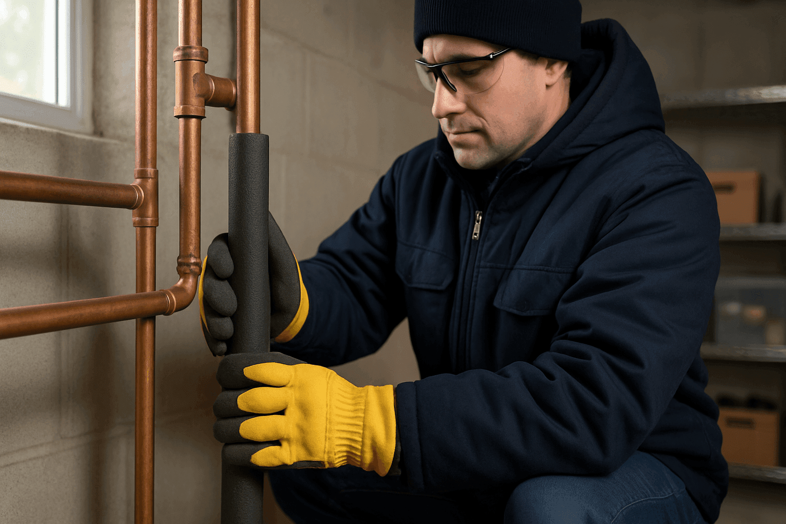 Aislando tuberías expuestas en un sótano residencial antes del invierno