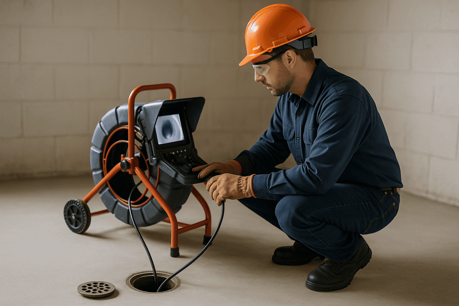 Plumber using sewer camera for residential sewer line inspection