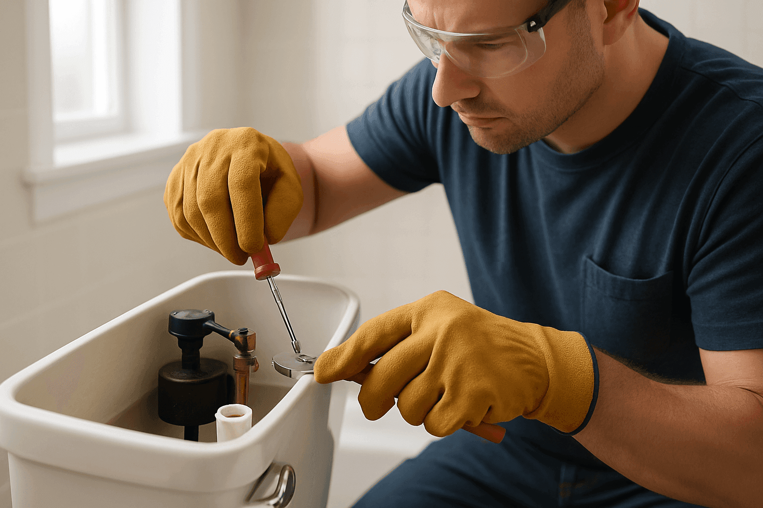 Plumber repairing a residential toilet tank with tools