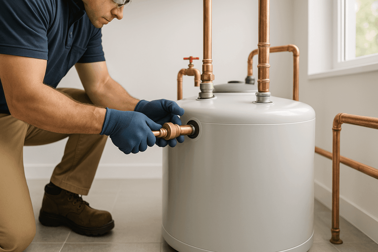 Plomero instalando un nuevo calentador de agua en un cuarto de servicios residencial