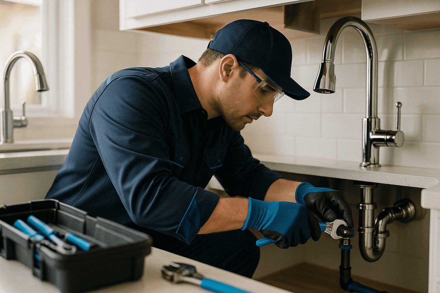 Professional plumber in navy-blue uniform tightening pipe under modern kitchen sink in Washington