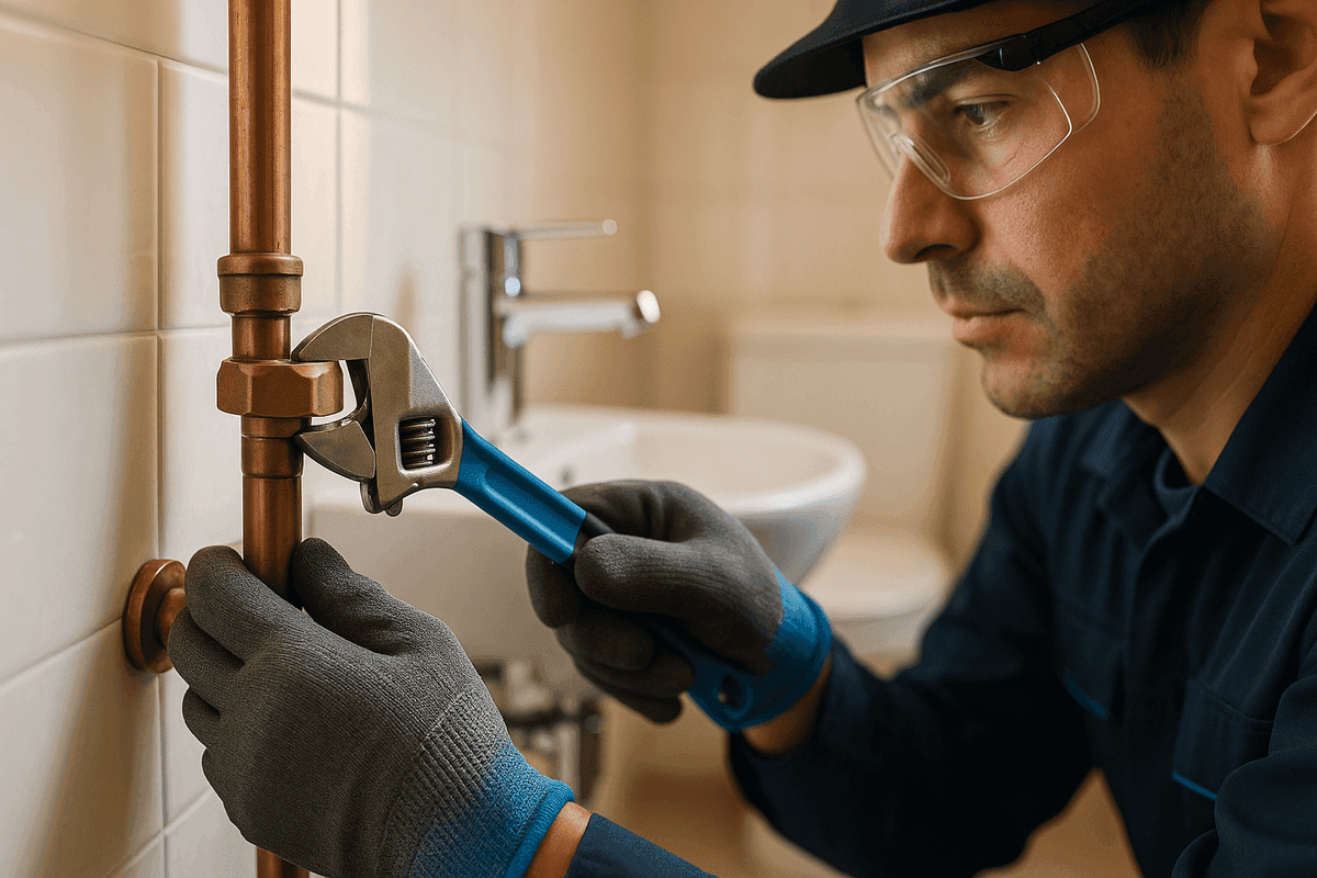 Close-up of plumber's gloved hands tightening copper pipe fitting in bathroom in Washington